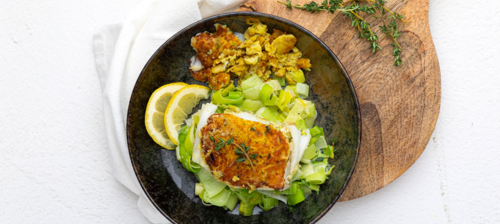 Kabeljau mit Kräuterkruste und cremigem Lauch