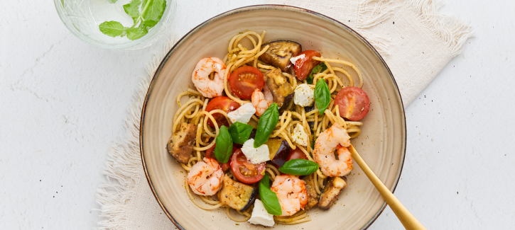 Spaghetti mit Garnelen und Aubergine