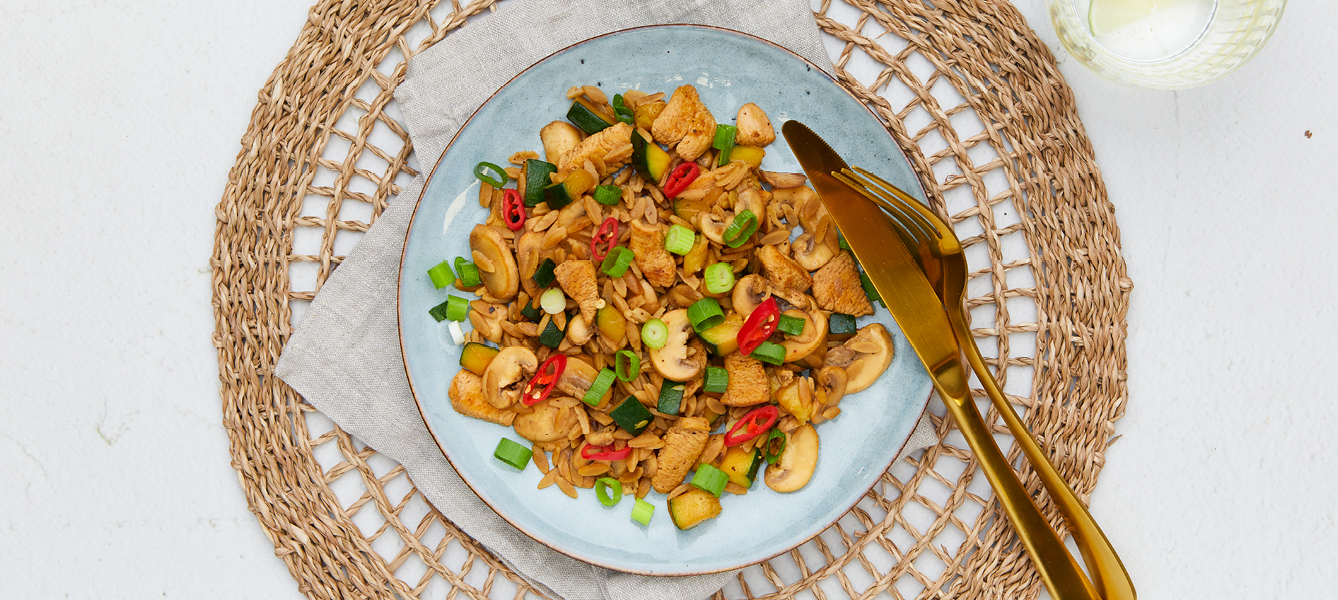 Sojareis mit Hahnchen und Champignons, Low Carb Rezept