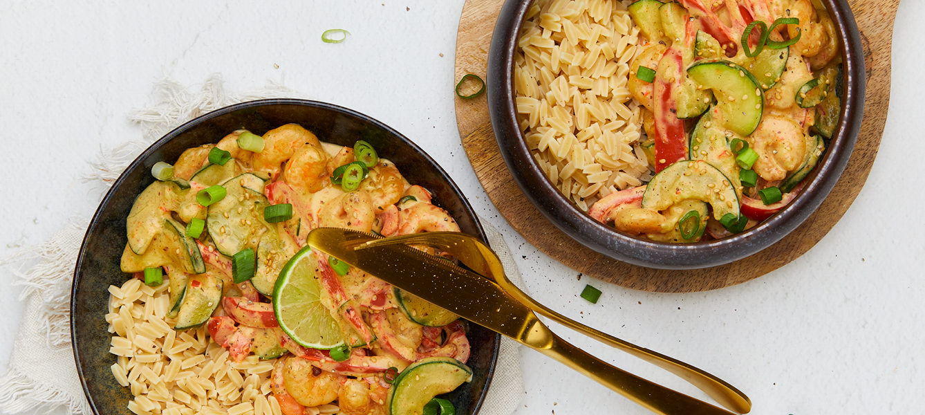 Curry mit Garnelen und Risoni